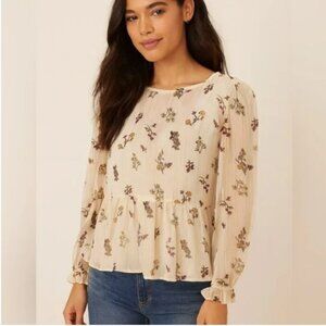 LOFT Women’s XXL Yellow Smocked Shimmer Gold Peplum Top Floral Leaves Blouse